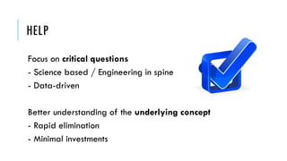 HELP
Focus on critical questions
- Science based / Engineering in spine
- Data-driven
Better understanding of the underlying concept
- Rapid elimination
- Minimal investments
 