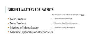 SUBJECT MATTERS FOR PATENTS
 New Process
 New Product
 Method of Manufacture
 Machine, apparatus or other articles
 