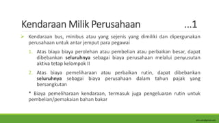 Kendaraan Milik Perusahaan ...1
 Kendaraan bus, minibus atau yang sejenis yang dimiliki dan dipergunakan
perusahaan untuk antar jemput para pegawai
1. Atas biaya biaya perolehan atau pembelian atau perbaikan besar, dapat
dibebankan seluruhnya sebagai biaya perusahaan melalui penyusutan
aktiva tetap kelompok II
2. Atas biaya pemeliharaan atau perbaikan rutin, dapat dibebankan
seluruhnya sebagai biaya perusahaan dalam tahun pajak yang
bersangkutan
* Biaya pemeliharaan kendaraan, termasuk juga pengeluaran rutin untuk
pembelian/pemakaian bahan bakar
alim.adn@gmail.com
 