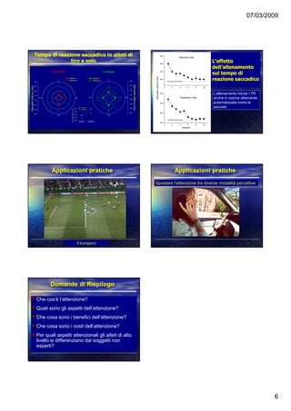 07/03/2009
6
Tempo di reazione saccadico in atleti diTempo di reazione saccadico in atleti di
tiro a volotiro a volo
200
300
400
500
0°
90°
180°
270°
200
300
400
500
Saccadiclatency(ms)
Standard
Distracters
200
300
400
500
0°
90°
180°
270°
200
300
400
500
Standard
Distracters
Saccadiclatency(ms)
ControlsShooters
Standard Distracters
200
250
300
350
400
Controls
Shooters
Saccadiclatency(ms)
L’effettoL’effetto
dell’allenamentodell’allenamento
sul tempo disul tempo di
reazione saccadicoreazione saccadico
0 2 4 6 8 10
300
350
400
450
Shooters performance
Distracters Task
SaccadicLatency(ms)
Session
0 2 4 6 8 10
240
260
280
300
Shooters performance
Standard Task
L’allenamento riduce i TR
anche in azione altamente
automatizzate come le
saccadi.
Applicazioni praticheApplicazioni pratiche
Il fuorigioco
Applicazioni praticheApplicazioni pratiche
Spostare l’attenzione tra diverse modalità percettive
Domande di RiepilogoDomande di Riepilogo
Che cos’è l’attenzione?
Quali sono gli aspetti dell’attenzione?
Che cosa sono i benefici dell’attenzione?
Che cosa sono i costi dell’attenzione?
Per quali aspetti attenzionali gli atleti di alto
livello si differenziano dai soggetti non
esperti?
 