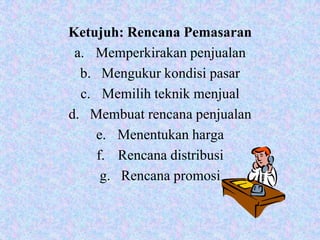 Ketujuh: Rencana Pemasaran
 a. Memperkirakan penjualan
  b. Mengukur kondisi pasar
  c. Memilih teknik menjual
d. Membuat rencana penjualan
     e. Menentukan harga
     f. Rencana distribusi
      g. Rencana promosi
 