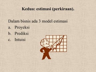 Kedua: estimasi (perkiraan).

Dalam bisnis ada 3 model estimasi
a. Proyeksi
b. Prediksi
c. Intuisi
 