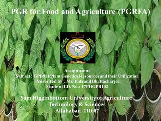 Assignment
Subject: GPB811 Plant Genetics Resources andtheir Utilization
Presented by : Mr. Indranil Bhattacharjee
StudentI.D. No.: 17PHGPB102
Sam Higginbottom Universityof Agriculture,
Technology & Sciences
Allahabad-211007
PGR for Food and Agriculture (PGRFA)
 