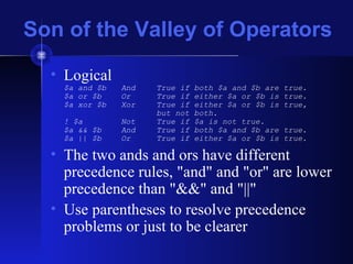 Son of the Valley of Operators
• Logical
$a and $b And True if both $a and $b are true.
$a or $b Or True if either $a or $b is true.
$a xor $b Xor True if either $a or $b is true,
but not both.
! $a Not True if $a is not true.
$a && $b And True if both $a and $b are true.
$a || $b Or True if either $a or $b is true.
• The two ands and ors have different
precedence rules, "and" and "or" are lower
precedence than "&&" and "||"
• Use parentheses to resolve precedence
problems or just to be clearer
 