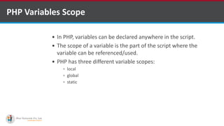 PHP Variables Scope
 In PHP, variables can be declared anywhere in the script.
 The scope of a variable is the part of the script where the
variable can be referenced/used.
 PHP has three different variable scopes:
 local
 global
 static
 