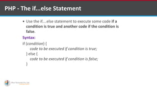 PHP - The if...else Statement
 Use the if....else statement to execute some code if a
condition is true and another code if the condition is
false.
Syntax:
if (condition) {
code to be executed if condition is true;
} else {
code to be executed if condition is false;
}
 