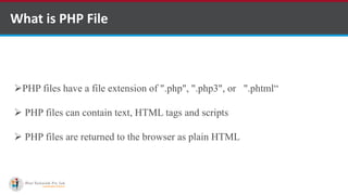 What is PHP File
PHP files have a file extension of ".php", ".php3", or ".phtml“
 PHP files can contain text, HTML tags and scripts
 PHP files are returned to the browser as plain HTML
 