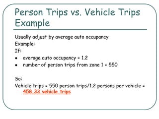Person Trips vs. Vehicle Trips
Example
Usually adjust by average auto occupancy
Example:
If:
 average auto occupancy = 1.2
 number of person trips from zone 1 = 550
So:
Vehicle trips = 550 person trips/1.2 persons per vehicle =
458.33 vehicle trips
 