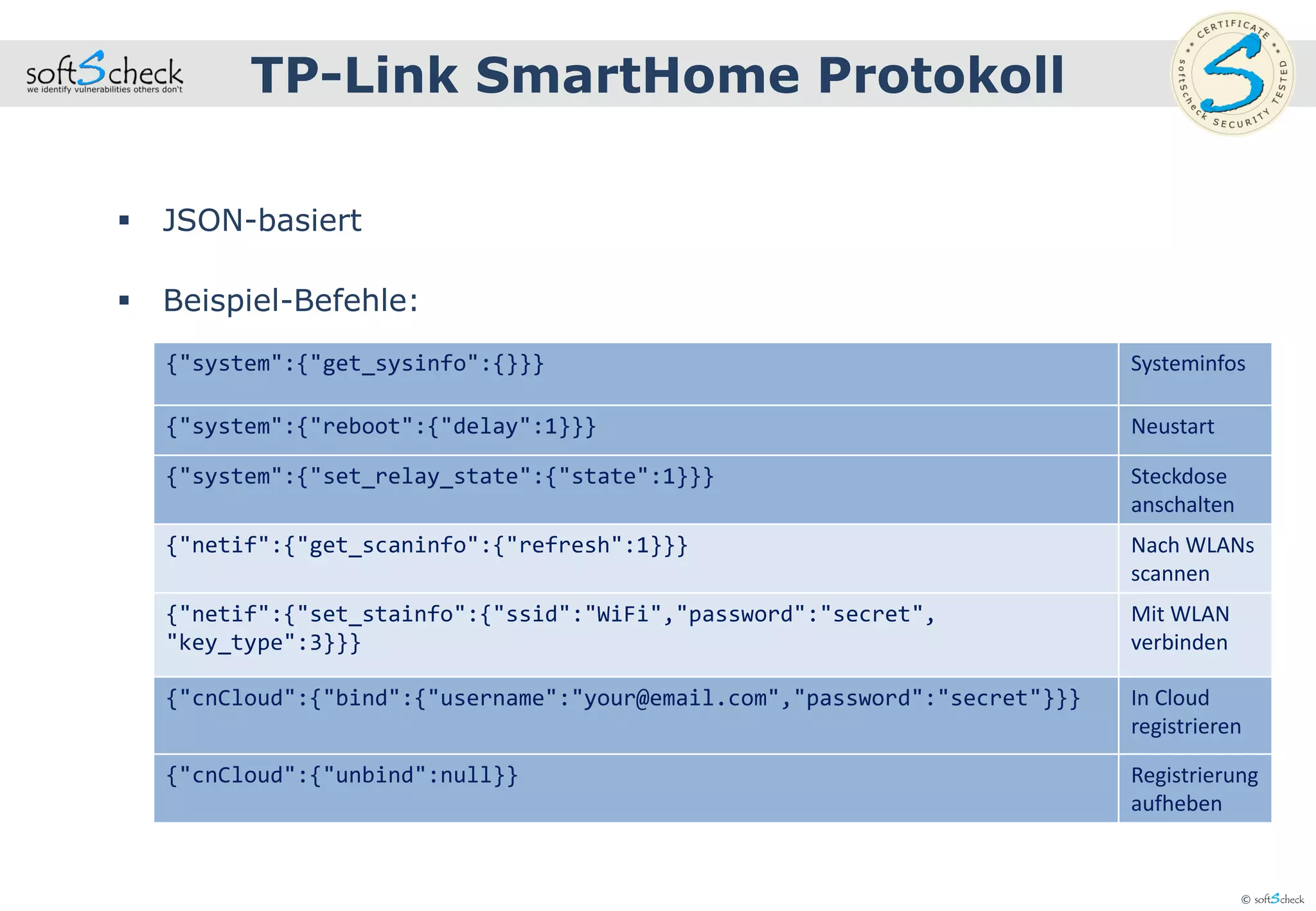 © softScheck
 JSON-basiert
 Beispiel-Befehle:
TP-Link SmartHome Protokoll
{"system":{"get_sysinfo":{}}} Systeminfos
{"system":{"reboot":{"delay":1}}} Neustart
{"system":{"set_relay_state":{"state":1}}} Steckdose
anschalten
{"netif":{"get_scaninfo":{"refresh":1}}} Nach WLANs
scannen
{"netif":{"set_stainfo":{"ssid":"WiFi","password":"secret",
"key_type":3}}}
Mit WLAN
verbinden
{"cnCloud":{"bind":{"username":"your@email.com","password":"secret"}}} In Cloud
registrieren
{"cnCloud":{"unbind":null}} Registrierung
aufheben
 