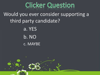 Clicker QuestionWould you ever consider supporting a third party candidate?		a. YES		b. NO		c. MAYBE