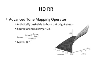 HD RR
• Advanced Tone Mapping Operator
• Artistically desirable to burn out bright areas
• Source art not always HDR
• Leaves 0..1
 