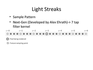 Light Streaks
• Sample Pattern
• Next-Gen (Developed by Alex Ehrath)-> 7 tap
filter kernel
 