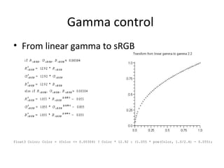 Gamma control
• From linear gamma to sRGB
float3 Color; Color = (Color <= 0.00304) ? Color * 12.92 : (1.055 * pow(Color, 1.0/2.4) - 0.055);
 