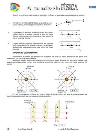 Prof. Thiago Miranda oProf. Thiago Miranda oProf. Thiago Miranda oProf. Thiago Miranda o----mundomundomundomundo----dadadada----fisica.blogspot.comfisica.blogspot.comfisica.blogspot.comfisica.blogspot.com
28
Durante o movimento espontâneo da partícula q verificam-se algumas propriedades que se seguem:
I. Em todo movimento espontâneo de carga elétrica, num
campo elétrico, a energia potencial elétrica da mesma
II. Cargas elétricas positivas, abandonadas em repouso no
campo elétrico e sujeitas apenas à ação da força
elétrica, deslocam-se espontaneamente para pontos de
menor potencial elétrico.
III. Cargas elétricas negativas abandonadas em repouso
num campo elétrico e sujeitas apenas à ação deste,
deslocam-se espontaneamente para ponto de maior
potencial
SUPERFÍCIES EQUIPOTENCIAIS
Denomina-se superfície equipotencial ou superfície de nível ao lugar geométrico dos ponto que
apresentam um mesmo potencial elétrico
No campo elétrico gerado por uma carga puntiforme as linhas de força são semi-retas radiais e as
superfícies equipotenciais formam uma família de superfícies esféricas com centro na carga geradora do
campo.
Em um campo elétrico uniforme em que as linhas de força formam um feixe de retas paralelas, as
superfícies equipotenciais são planos perpendiculares a elas.
VA < VB
Linhas de
força
Superfície
equipotencial
A B
-
F
q < 0
E
D C
F
q > 0
E
A B
A
Bq
F
A B
Linhas de
força
Superfície
equipotencial
VA > VB
+
VA VB VC
Superfície
equipotencial Linha de força
VA > VB >VC
 