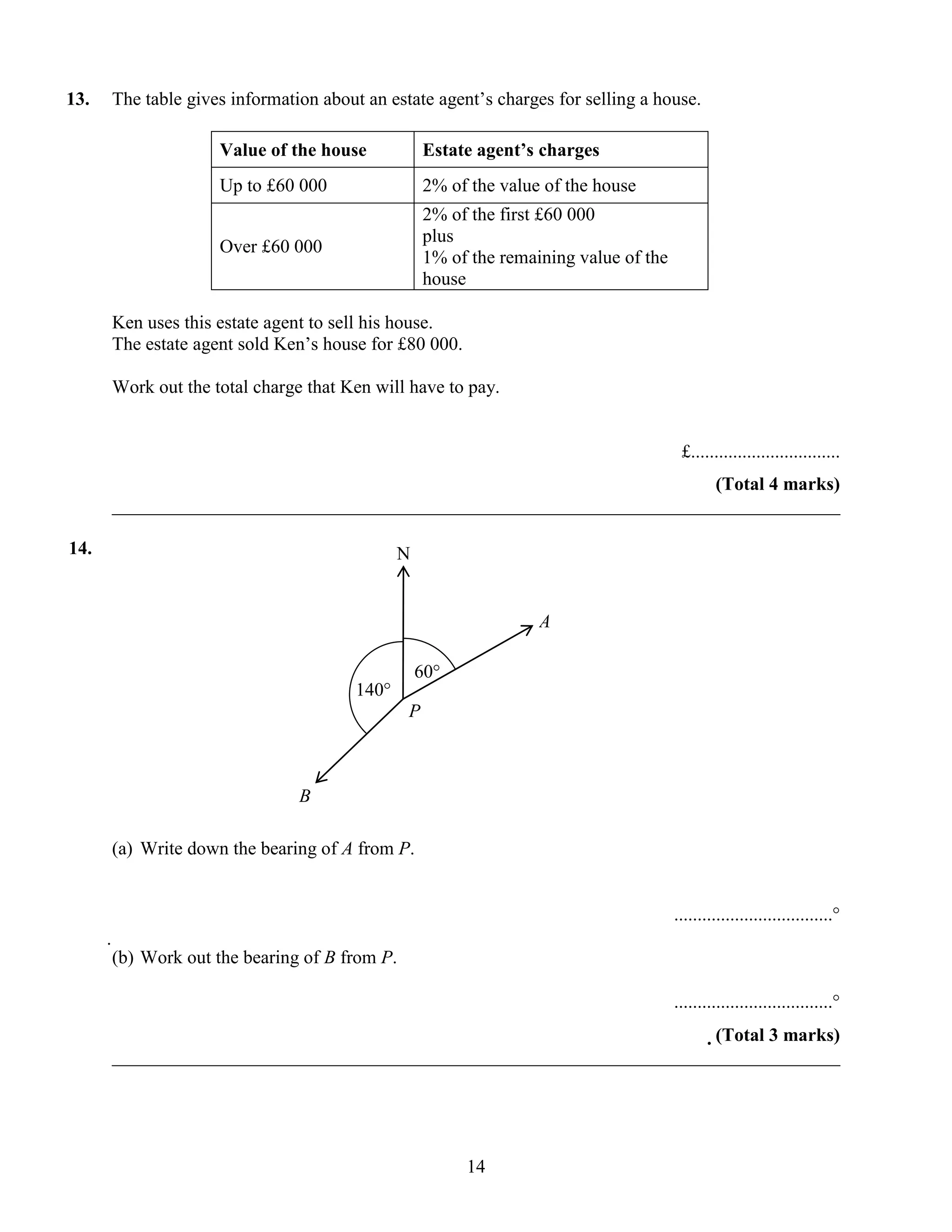 13.   The table gives information about an estate agent‟s charges for selling a house.

                    Value of the house            Estate agent’s charges
                    Up to £60 000                 2% of the value of the house
                                                  2% of the first £60 000
                                                  plus
                    Over £60 000
                                                  1% of the remaining value of the
                                                  house

      Ken uses this estate agent to sell his house.
      The estate agent sold Ken‟s house for £80 000.

      Work out the total charge that Ken will have to pay.


                                                                                      £................................
                                                                       (Total 4 marks)
      ______________________________________________________________________________

14.                                          N


                                                                 A

                                                 60
                                       140
                                              P



                               B

      (a) Write down the bearing of A from P.


                                                                                     ..................................
      
      (b) Work out the bearing of B from P.

                                                                                     ..................................
                                                                       (Total 3 marks)
      ______________________________________________________________________________




                                                       14
 