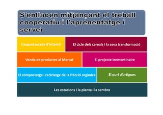 L’espantaocells d’Infantil

El cicle dels cereals i la seva transformació

Venda de productes al Mercat

El projecte trementinaire

El compostatge i reciclatge de la fracció orgànica

El purí d’ortigues

Les estacions i la planta i la sembra

 
