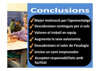 Major motivació per l’aprenentatge
Descobreixen continguts per si sols
Valoren el treball en equip
Augmenta la seva autonomia
Descobreixen el valor de l’ecologia
Inicien un camí emprenedor
Accepten responsabilitats amb
facilitat

 