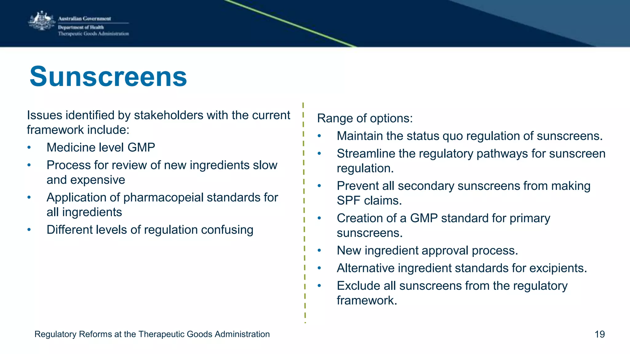 Sunscreens
Issues identified by stakeholders with the current
framework include:
• Medicine level GMP
• Process for review of new ingredients slow
and expensive
• Application of pharmacopeial standards for
all ingredients
• Different levels of regulation confusing
Range of options:
• Maintain the status quo regulation of sunscreens.
• Streamline the regulatory pathways for sunscreen
regulation.
• Prevent all secondary sunscreens from making
SPF claims.
• Creation of a GMP standard for primary
sunscreens.
• New ingredient approval process.
• Alternative ingredient standards for excipients.
• Exclude all sunscreens from the regulatory
framework.
Regulatory Reforms at the Therapeutic Goods Administration 19
 