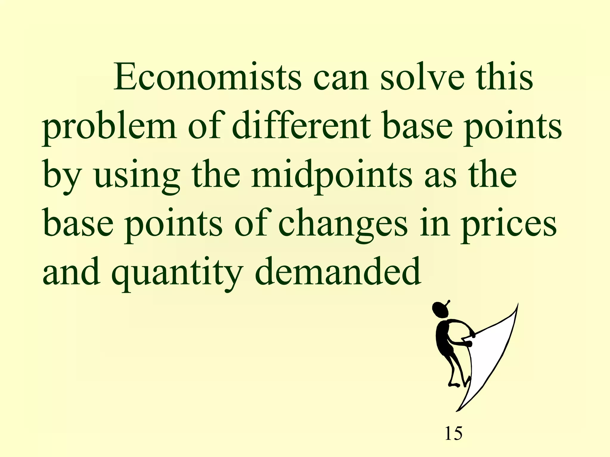 15
Economists can solve this
problem of different base points
by using the midpoints as the
base points of changes in prices
and quantity demanded
 