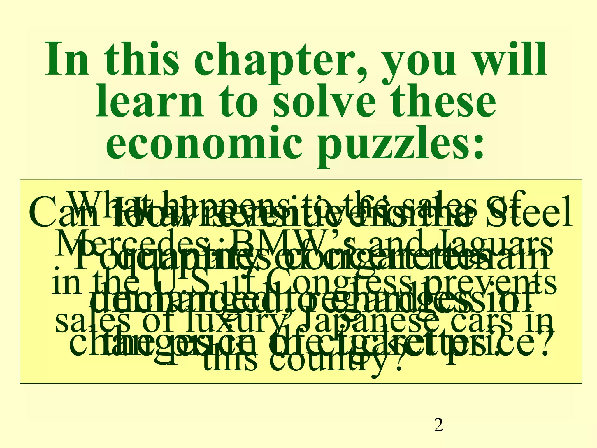 2
In this chapter, you will
learn to solve these
economic puzzles:
Can total revenue from a Steel
Porcupines concert remain
unchanged, regardless of
changes in the ticket price?
How sensitive is the
quantity of cigarettes
demanded to changes in
the price of cigarettes?
What happens to the sales of
Mercedes, BMW’s and Jaguars
in the U.S. if Congress prevents
sales of luxury Japanese cars in
this country?
 