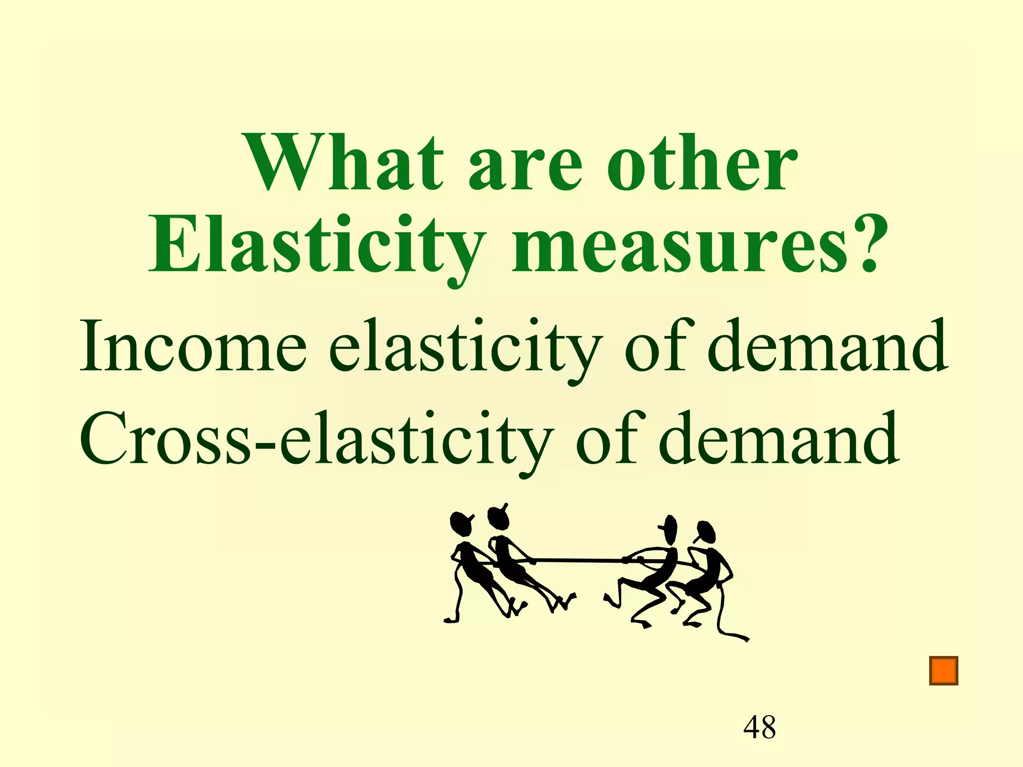 48
What are other
Elasticity measures?
Income elasticity of demand
Cross-elasticity of demand
 