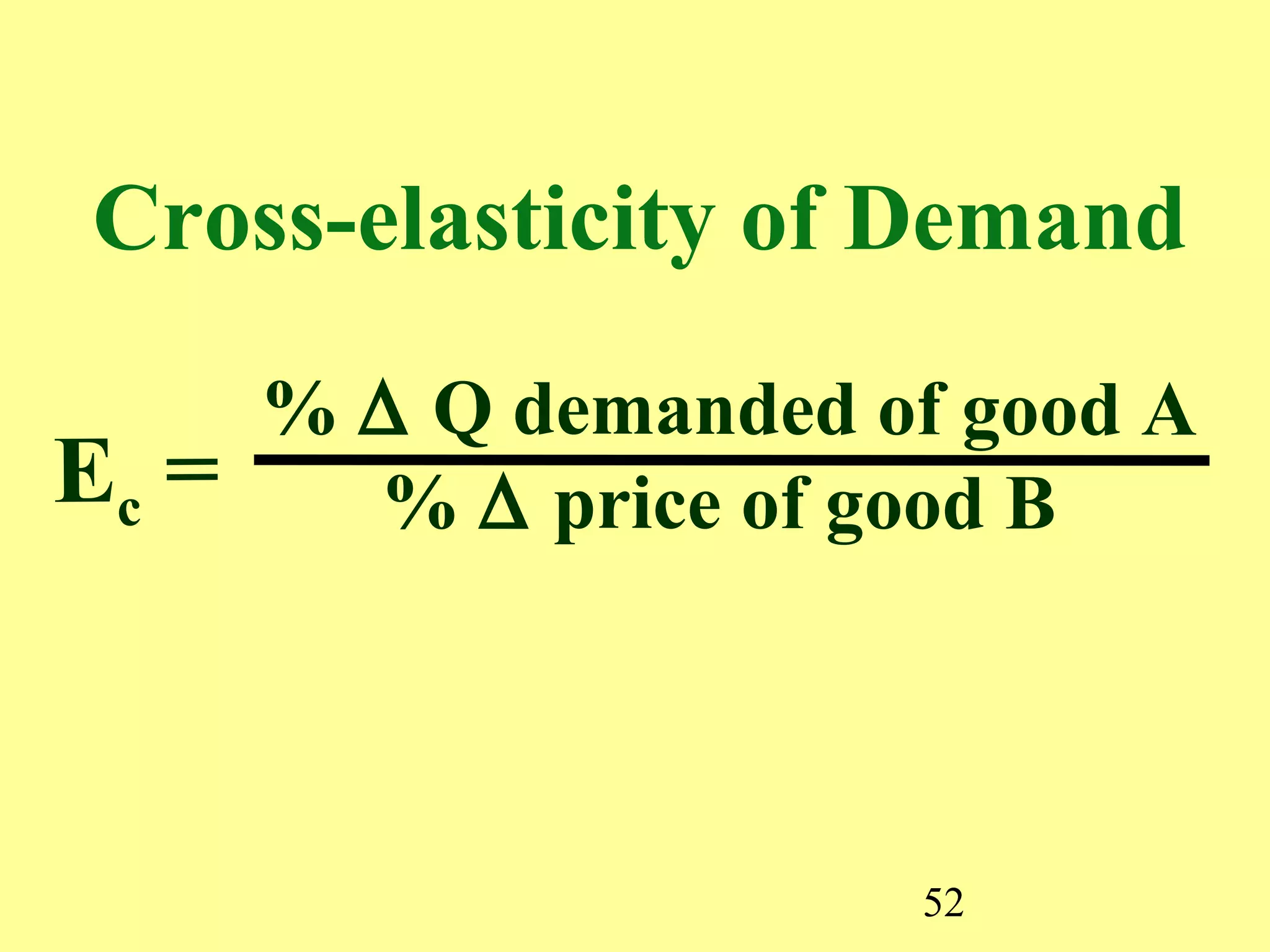 52
% ∆ Q demanded of good A
% ∆ price of good BEc =
Cross-elasticity of Demand
 