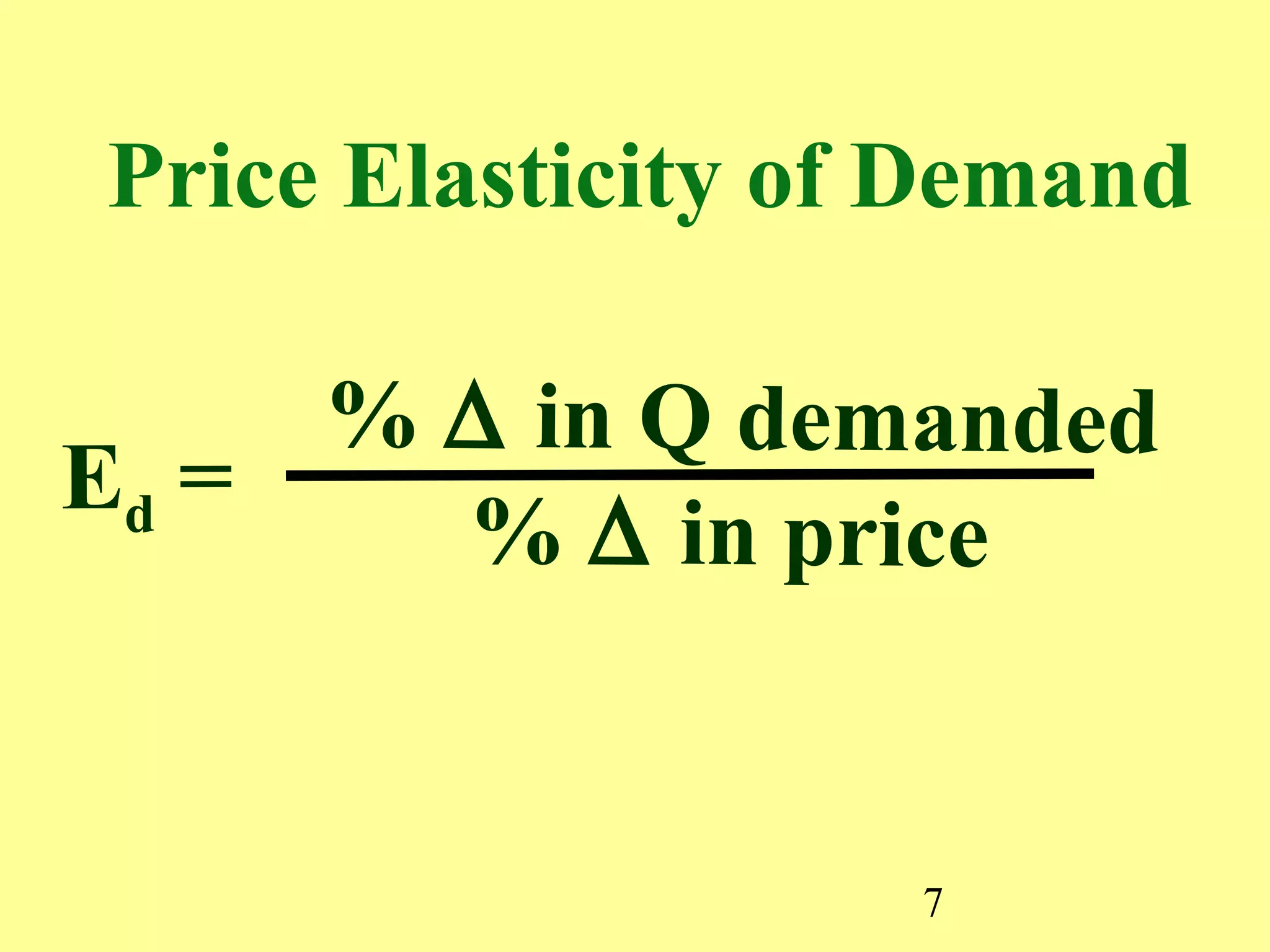 7
% ∆ in Q demanded
% ∆ in price
Ed =
Price Elasticity of Demand
 