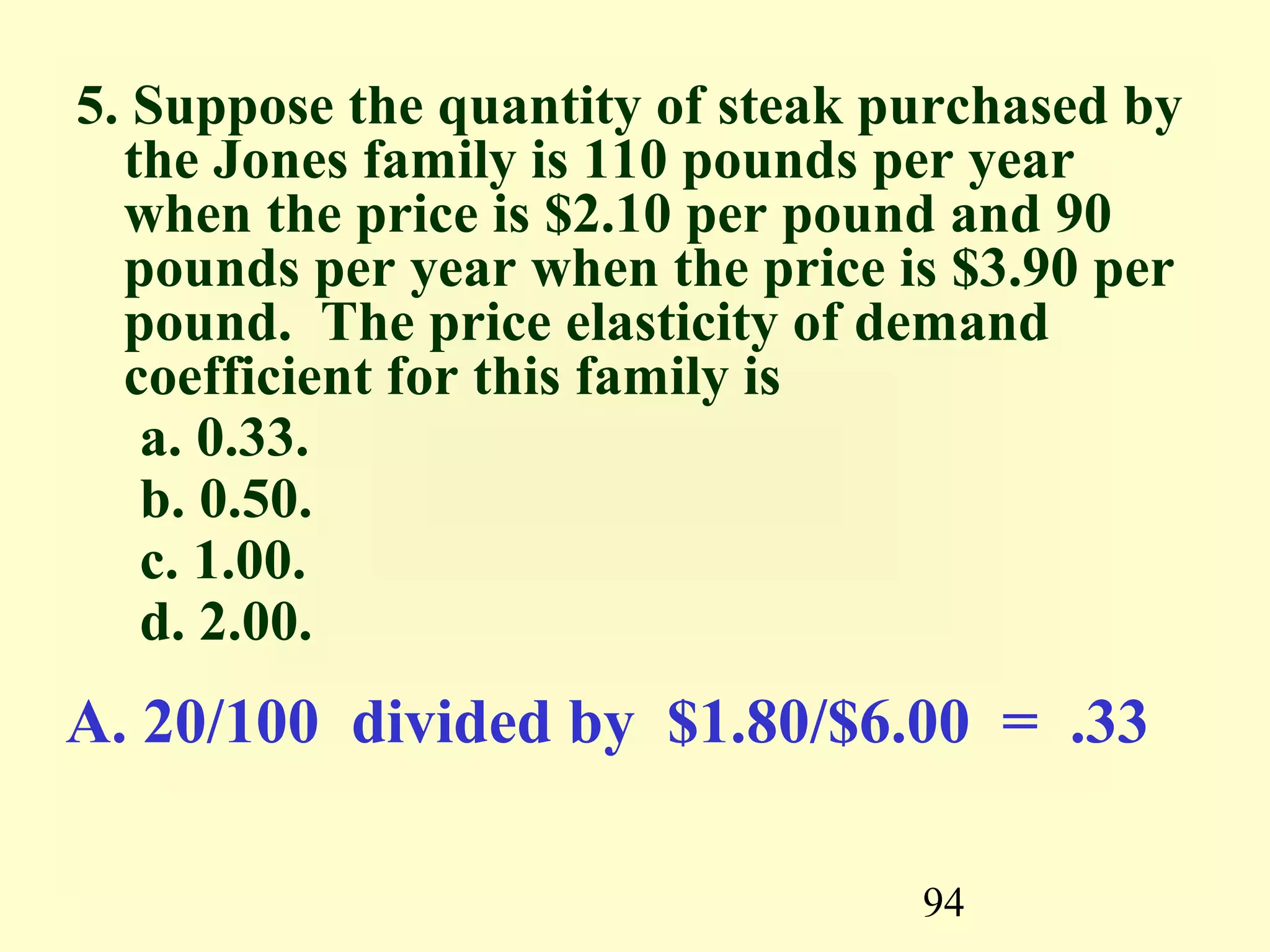 94
5. Suppose the quantity of steak purchased by
the Jones family is 110 pounds per year
when the price is $2.10 per pound and 90
pounds per year when the price is $3.90 per
pound. The price elasticity of demand
coefficient for this family is
a. 0.33.
b. 0.50.
c. 1.00.
d. 2.00.
A. 20/100 divided by $1.80/$6.00 = .33
 