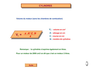 CYLINDREE  Suite V t  =    A 2  C  N 4 V t  : A : C : N : volume en cm 3 alésage en cm nombre de cylindres course en cm Remarque :  la cylindrée s’exprime également en litres. Pour un moteur de 2000 cm3 on dit que c’est un moteur 2 litres. Volume du moteur (sans les chambres de combustion) 