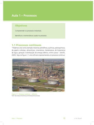 e-Tec Brasil
Aula 1 – Processos
Objetivos
Compreender os processos industriais.
Identificar a nomenclatura usada no processo.
1.1 Processos contínuos
“Podemos citar como exemplo indústrias petrolíferas, químicas, petroquímicas,
de papel e celulose, alimentícias, cimenteiras, metalúrgicas, de tratamento
de água, geração e distribuição de energia elétrica, entre outras.” (ALVES,
2005). Veja na Figura 1.1 uma refinaria representando um processo contínuo.
Figura 1.1: Processo contínuo – refinaria
Fonte: http://www.instrumentacao.net/introducao/iniciacoes.php
e-Tec Brasil
Aula 1 - Processos 15
 