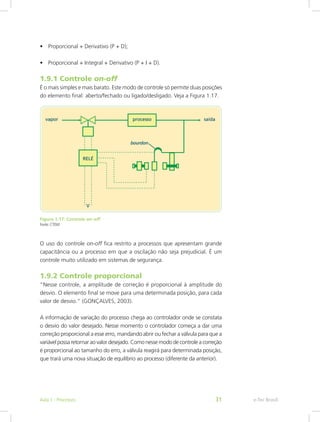 • Proporcional + Derivativo (P + D);
• Proporcional + Integral + Derivativo (P + I + D).
1.9.1 Controle on-off
É o mais simples e mais barato. Este modo de controle só permite duas posições
do elemento final: aberto/fechado ou ligado/desligado. Veja a Figura 1.17.
Figura 1.17: Controle on-off
Fonte: CTISM
O uso do controle on-off fica restrito a processos que apresentam grande
capacitância ou a processo em que a oscilação não seja prejudicial. É um
controle muito utilizado em sistemas de segurança.
1.9.2 Controle proporcional
“Nesse controle, a amplitude de correção é proporcional à amplitude do
desvio. O elemento final se move para uma determinada posição, para cada
valor de desvio.” (GONÇALVES, 2003).
A informação de variação do processo chega ao controlador onde se constata
o desvio do valor desejado. Nesse momento o controlador começa a dar uma
correção proporcional a esse erro, mandando abrir ou fechar a válvula para que a
variável possa retornar ao valor desejado. Como nesse modo de controle a correção
é proporcional ao tamanho do erro, a válvula reagirá para determinada posição,
que trará uma nova situação de equilíbrio ao processo (diferente da anterior).
e-Tec Brasil
Aula 1 - Processos 31
 