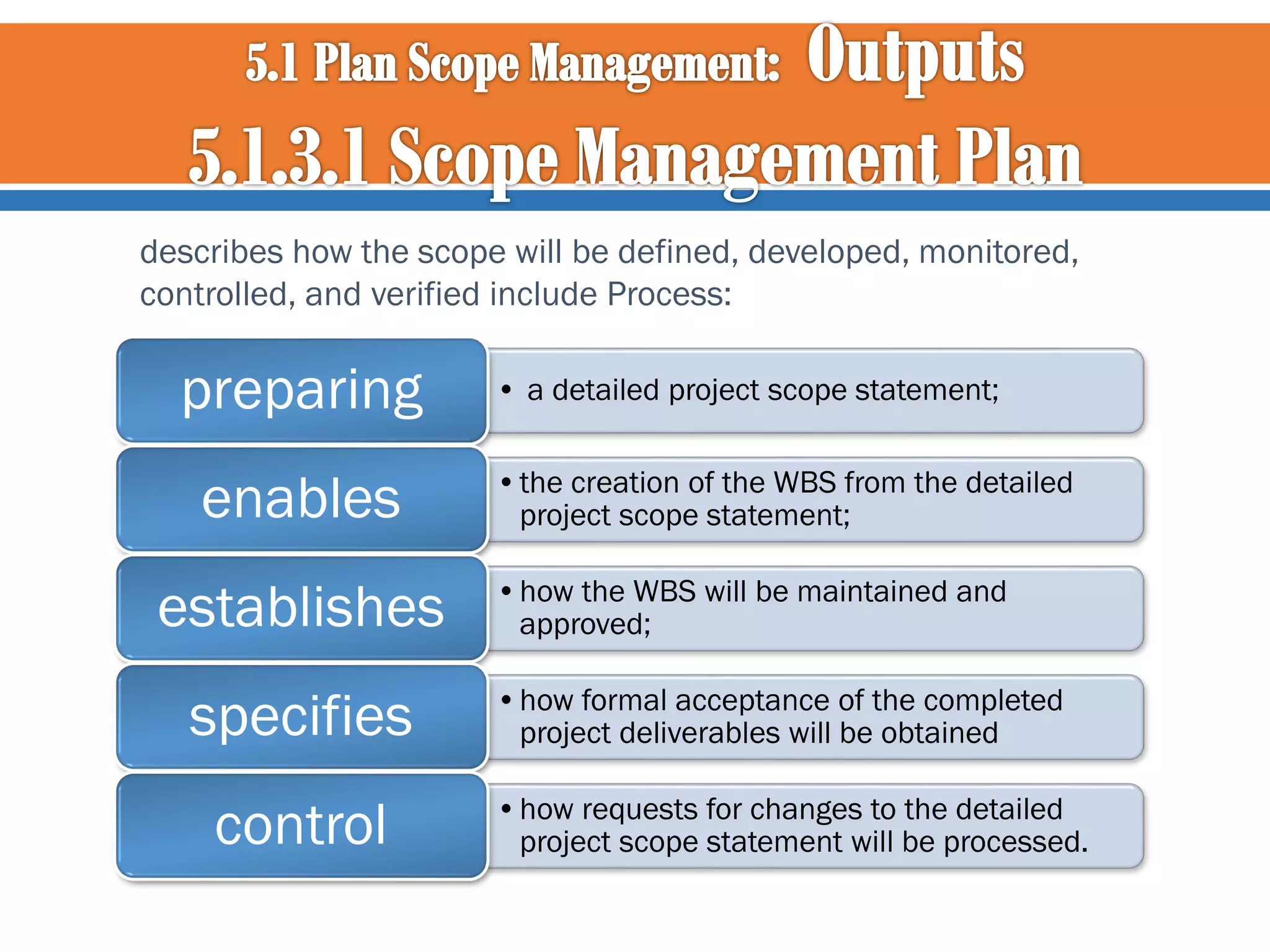 describes how the scope will be defined, developed, monitored,
controlled, and verified include Process:

preparing
enables
establishes
specifies
control

• a detailed project scope statement;

•the creation of the WBS from the detailed
project scope statement;
•how the WBS will be maintained and
approved;
•how formal acceptance of the completed
project deliverables will be obtained
•how requests for changes to the detailed
project scope statement will be processed.

 