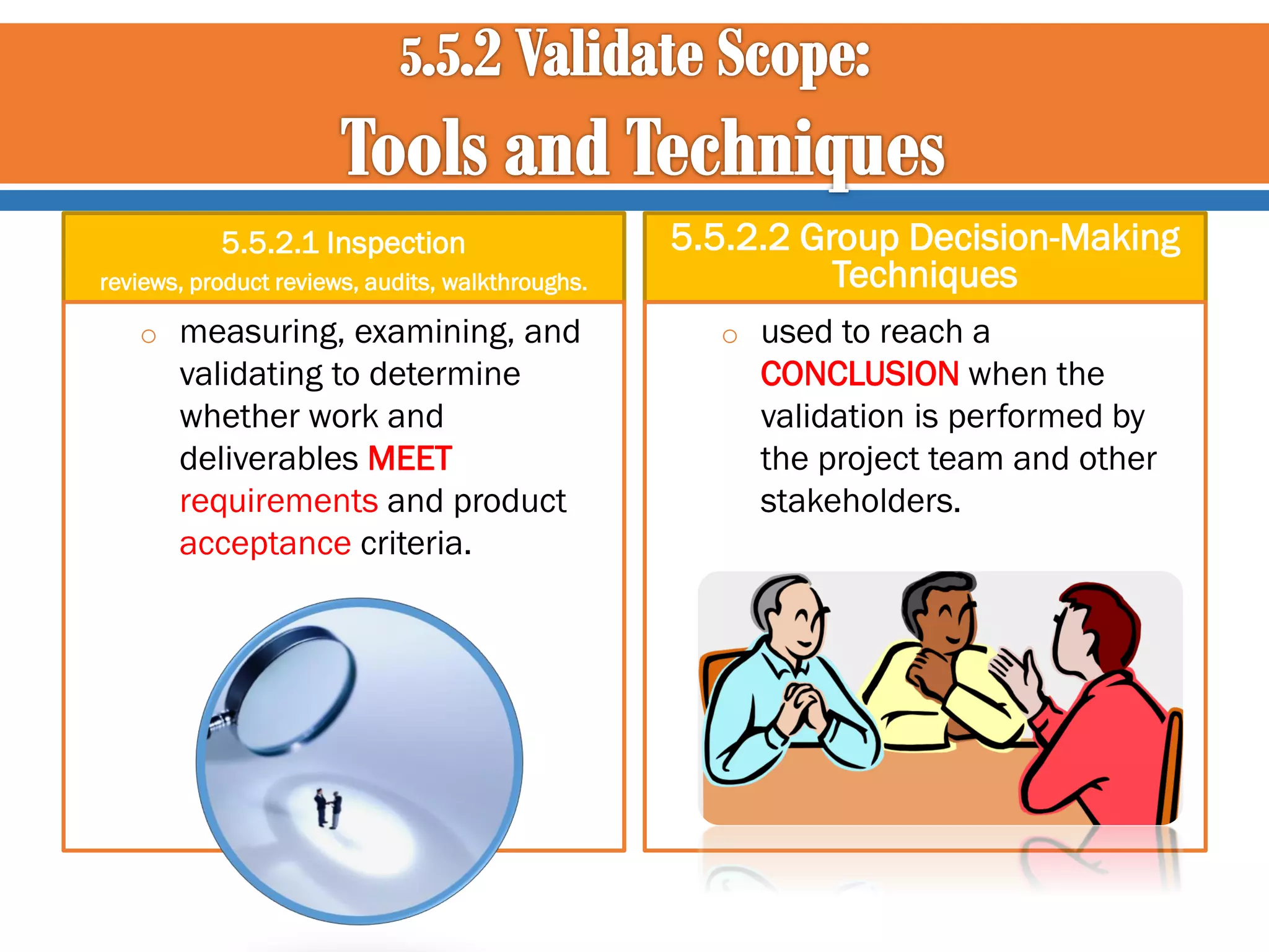 5.5.2.1 Inspection
reviews, product reviews, audits, walkthroughs.

o measuring, examining, and

validating to determine
whether work and
deliverables MEET
requirements and product
acceptance criteria.

5.5.2.2 Group Decision-Making
Techniques
o used to reach a

CONCLUSION when the
validation is performed by
the project team and other
stakeholders.

 