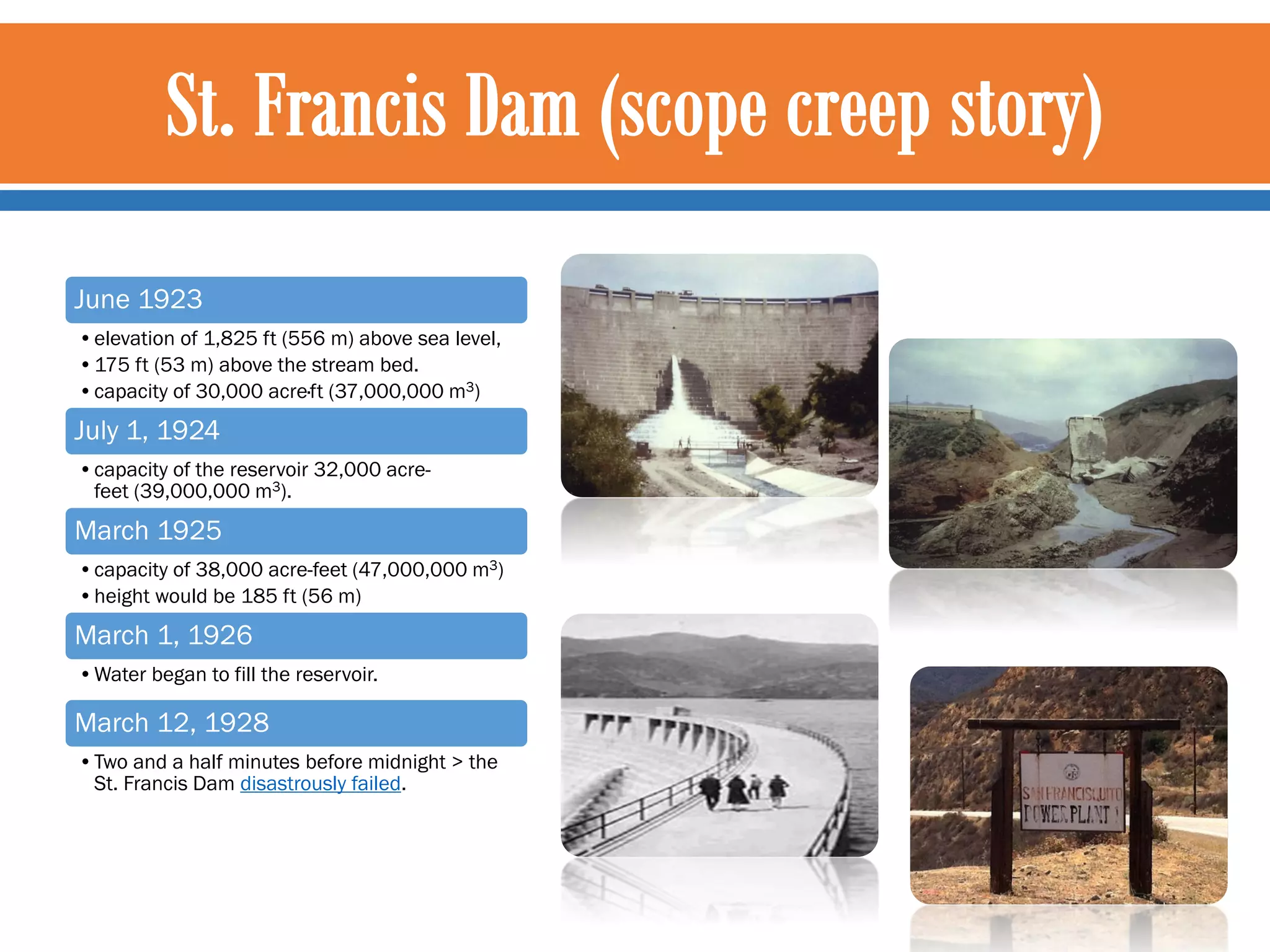 June 1923
•elevation of 1,825 ft (556 m) above sea level,
•175 ft (53 m) above the stream bed.
•capacity of 30,000 acre·ft (37,000,000 m3)

July 1, 1924
•capacity of the reservoir 32,000 acrefeet (39,000,000 m3).

March 1925
•capacity of 38,000 acre-feet (47,000,000 m3)
•height would be 185 ft (56 m)

March 1, 1926
•Water began to fill the reservoir.

March 12, 1928
•Two and a half minutes before midnight > the
St. Francis Dam disastrously failed.

 