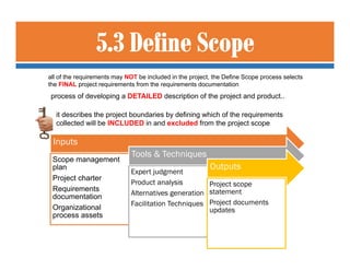 4 Integration 5 Scope 6 Time 7 Cost 8 Quality 9 H. Resource 10 Commn. 11 Risk 12 Procurement 13 S/holders
5.1Plan Scope
Ma...