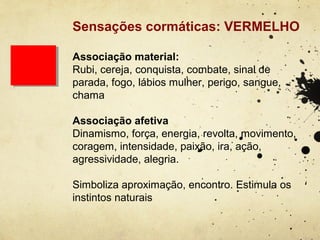 Sensações cormáticas: VERMELHO

Associação material:
Rubi, cereja, conquista, combate, sinal de
parada, fogo, lábios mulher, perigo, sangue,
chama

Associação afetiva
Dinamismo, força, energia, revolta, movimento,
coragem, intensidade, paixão, ira, ação,
agressividade, alegria.

Simboliza aproximação, encontro. Estimula os
instintos naturais
 