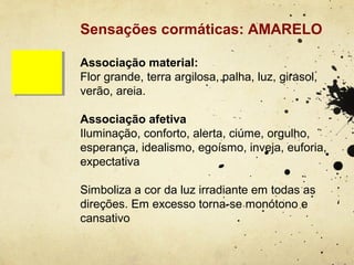 Sensações cormáticas: AMARELO

Associação material:
Flor grande, terra argilosa, palha, luz, girasol,
verão, areia.

Associação afetiva
Iluminação, conforto, alerta, ciúme, orgulho,
esperança, idealismo, egoísmo, inveja, euforia,
expectativa

Simboliza a cor da luz irradiante em todas as
direções. Em excesso torna-se monótono e
cansativo
 