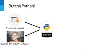 ButthisPython!
Programming Language
Created in 1991 by Guido van Rossum
7
 