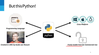 ButthisPython!
Programming Language
Freely Usable Even for Commercial Use
Created in 1991 by Guido van Rossum
Cross Platform
9
 