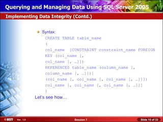 Querying and Managing Data Using SQL Server 2005
Implementing Data Integrity (Contd.)


                  Syntax:
                   CREATE TABLE table_name
                   (
                   col_name [CONSTRAINT constraint_name FOREIGN
                   KEY (col_name [,
                   col_name [, …]])
                   REFERENCES table_name (column_name [,
                   column_name [, …]])]
                   (col_name [, col_name [, col_name [, …]]])
                   col_name [, col_name [, col_name [, …]]]
                   )
               Let’s see how…



    Ver. 1.0                    Session 7                Slide 15 of 33
 