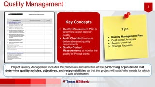 3Quality Management
Project Quality Management includes the processes and activities of the performing organization that
determine quality policies, objectives, and responsibilities so that the project will satisfy the needs for which
it was undertaken.
Key Concepts
Quality Management Plan to
determine action plan for
quality
Audit Checklist to ensure
deliverables met quality
requirements
Quality Control
Measurements to monitor the
quality of Project works