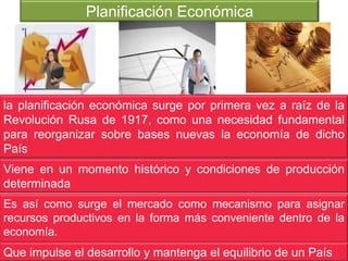 Planificación Económica




la planificación económica surge por primera vez a raíz de la
Revolución Rusa de 1917, como una necesidad fundamental
para reorganizar sobre bases nuevas la economía de dicho
País
Viene en un momento histórico y condiciones de producción
determinada
Es así como surge el mercado como mecanismo para asignar
recursos productivos en la forma más conveniente dentro de la
economía.
Que impulse el desarrollo y mantenga el equilibrio de un País
 