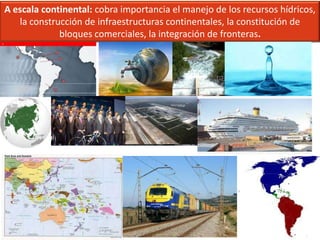 A escala continental: cobra importancia el manejo de los recursos hídricos,
   la construcción de infraestructuras continentales, la constitución de
             bloques comerciales, la integración de fronteras.
 