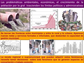 Las problemáticas ambientales, económicas, el crecimiemto de la
población por lo gral trascienden los límites políticos y administrativos
municipales.




Se borran las fronteras entre municipios y entre lo rural y lo urbano. Aparecen
nuevas redes y servicios formales e informales, que desbordan la capacidad de
gestión municipal.




La escala regional o supramunicipal que pueden adquirir estos fenómenos,
necesita tomar decisiones sobre este fenomeno que se generen espacios de
concertación y trabajo conjunto.
 