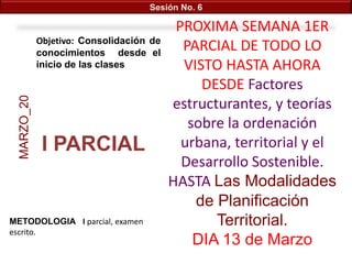 Sesión No. 6

                                           PROXIMA SEMANA 1ER
             Objetivo: Consolidación de
             conocimientos desde el
                                            PARCIAL DE TODO LO
             inicio de las clases           VISTO HASTA AHORA
                                               DESDE Factores
  MARZO_20




                                          estructurantes, y teorías
                                             sobre la ordenación
              I PARCIAL                     urbana, territorial y el
                                            Desarrollo Sostenible.
                                          HASTA Las Modalidades
                                              de Planificación
METODOLOGIA I parcial, examen                    Territorial.
escrito.
                                              DIA 13 de Marzo
 