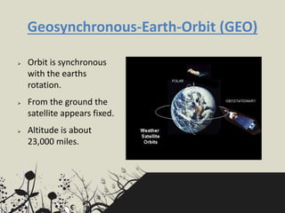 Geosynchronous-Earth-Orbit (GEO)
 Orbit is synchronous
with the earths
rotation.
 From the ground the
satellite appears fixed.
 Altitude is about
23,000 miles.
 