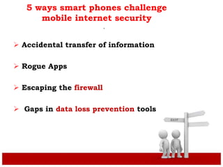 5 ways smart phones challenge
mobile internet security
 Accidental transfer of information
 Rogue Apps
 Escaping the firewall
 Gaps in data loss prevention tools
.
 