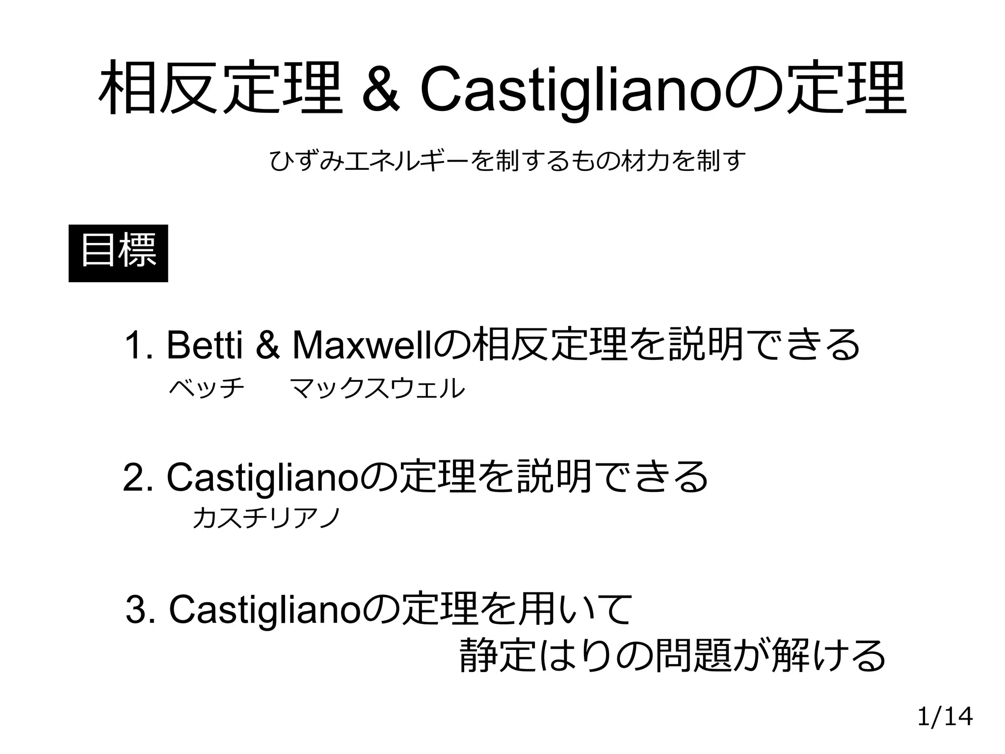 Reciprocal Theorem & Castigliano's Theorem (in Japanese) 相反定理