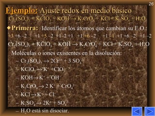 Ejemplo:   Ajuste redox en medio básico Cr 2 (SO 4 ) 3  + KClO 3  + KOH    K 2 CrO 4  + KCl   + K 2 SO 4  + H 2 O Primera:   Identificar los átomos que cambian su E.O.: +3  +6 –2  +1  +5  –2  +1–2 +1  +1  +6  –2  +1  –1   +1 +6 –2  +1 –2 Cr 2 (SO 4 ) 3  + KClO 3  + KOH    K 2 CrO 4  + KCl   + K 2 SO 4  + H 2 O Moléculas o iones existentes en la disolución: Cr 2 (SO 4 ) 3     2Cr 3+  + 3 SO 4 2–  KClO 3     K +  +ClO 3 – KOH    K +  + OH – K 2 CrO 4     2 K +  + CrO 4 2– KCl      K +  + Cl – K 2 SO 4    2K +  + SO 4 2–  H 2 O está sin disociar. 