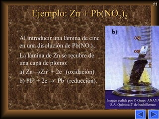 11
Ejemplo: Zn + Pb(NOEjemplo: Zn + Pb(NO33))22
Al introducir una lámina de cinc
en una disolución de Pb(NO3)2.
La lámina de Zn se recubre de
una capa de plomo:
a) Zn →Zn2+
+ 2e–
(oxidación)
b) Pb2+
+ 2e–
→ Pb (reducción).
Imagen cedida por © Grupo ANAYA
S.A. Química 2º de bachillerrato
 